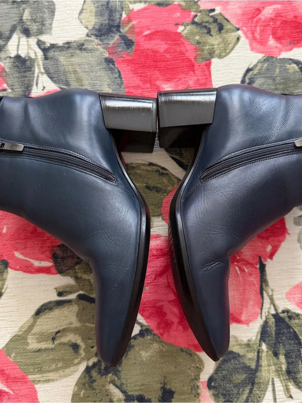 Ecco Navy Blue Pointed Leather Ankle Booties with Side Zipper